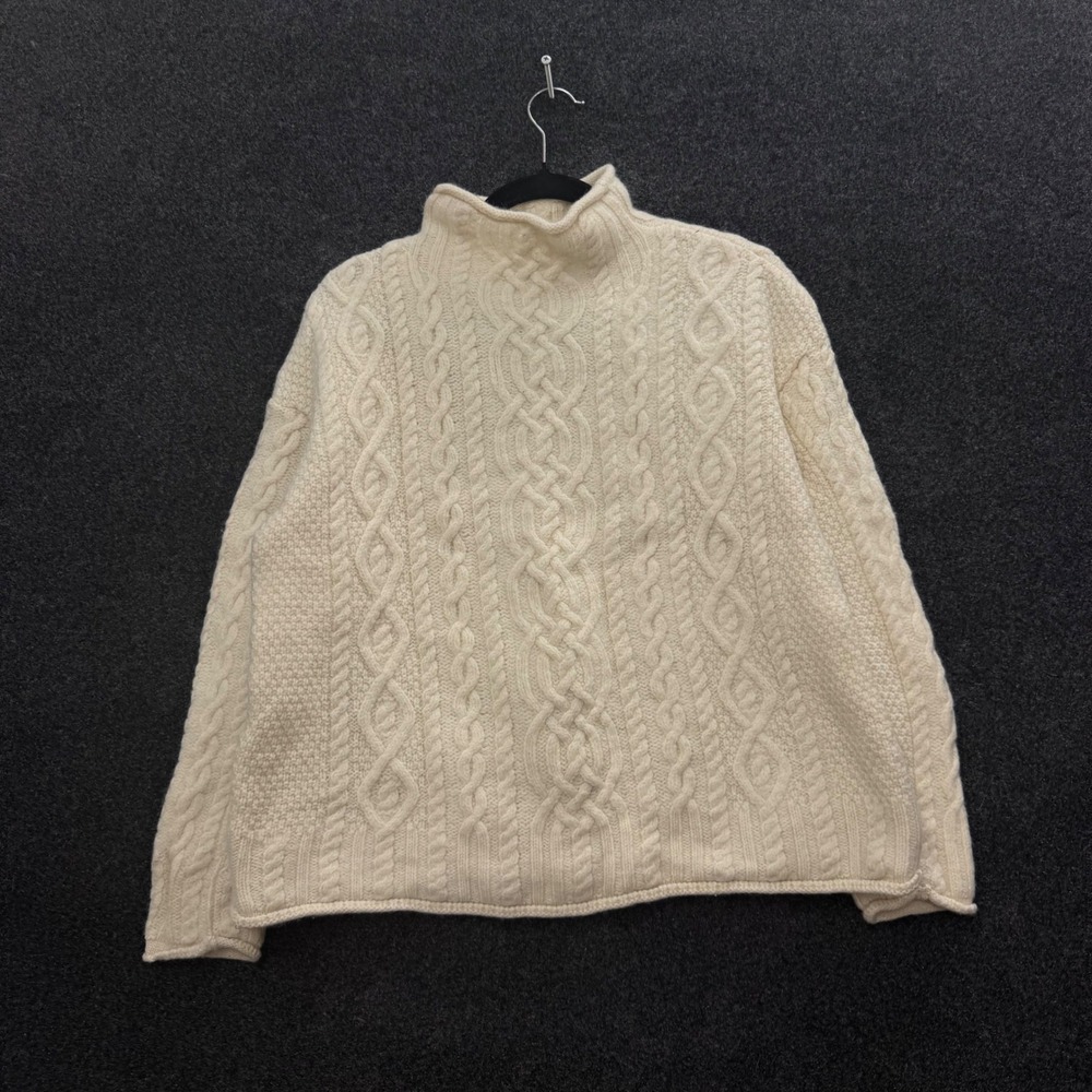 Aran Mor Ireland Merino Wool Cable Knit Roll Neck Sweater Cream White XL